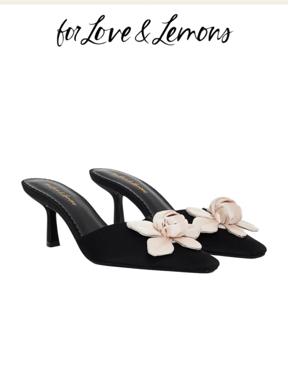 FOR LOVE & LEMONS CLAUDINE BLACK SATIN ROSETTE KITTEN HEEL MULES NWOT SIZE EU 41